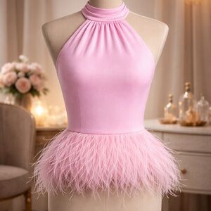 Ramy Brook Pink Satin Top with Feather Detail